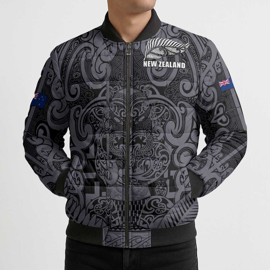 Custom New Zealand Taiaha Maori Bomber Puffer Jacket Minimalist Silver Fern All Black LT9 - Polynesian Pride