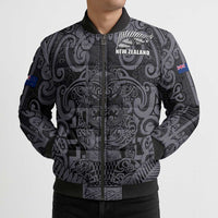 Custom New Zealand Taiaha Maori Bomber Puffer Jacket Minimalist Silver Fern All Black LT9 - Polynesian Pride
