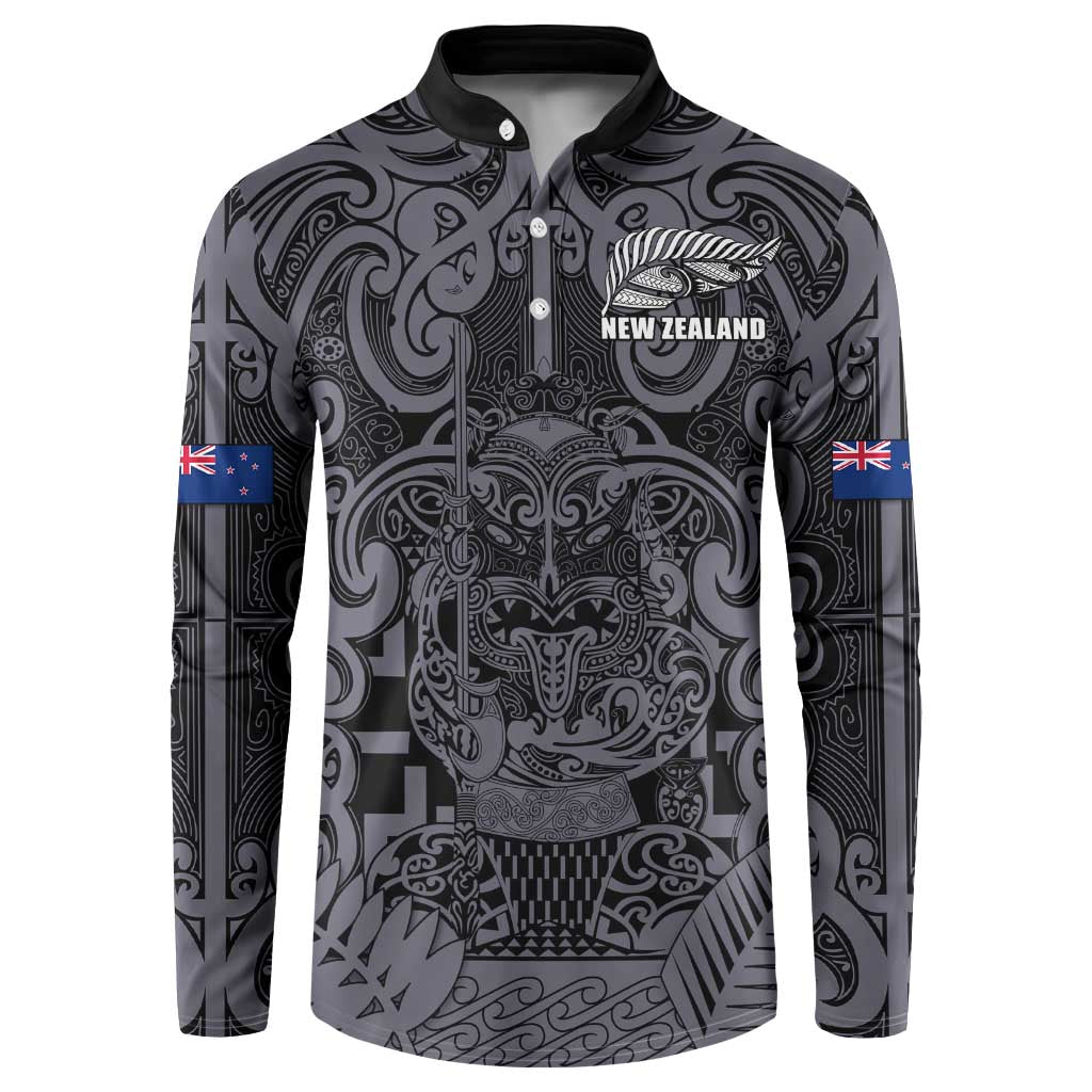 Custom New Zealand Taiaha Maori Button Sweatshirt Minimalist Silver Fern All Black LT9 Black - Polynesian Pride