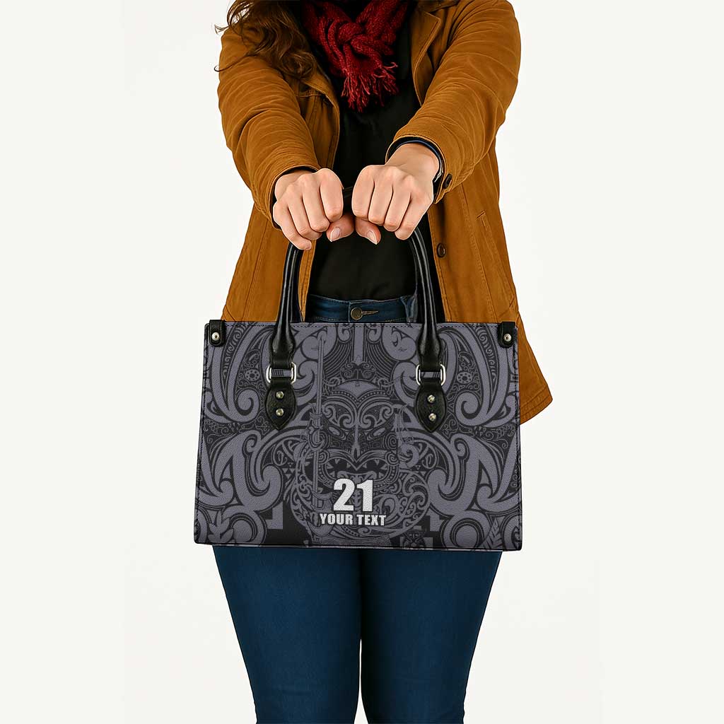 Custom New Zealand Taiaha Maori Leather Bag Minimalist Silver Fern All Black LT9 Black - Polynesian Pride