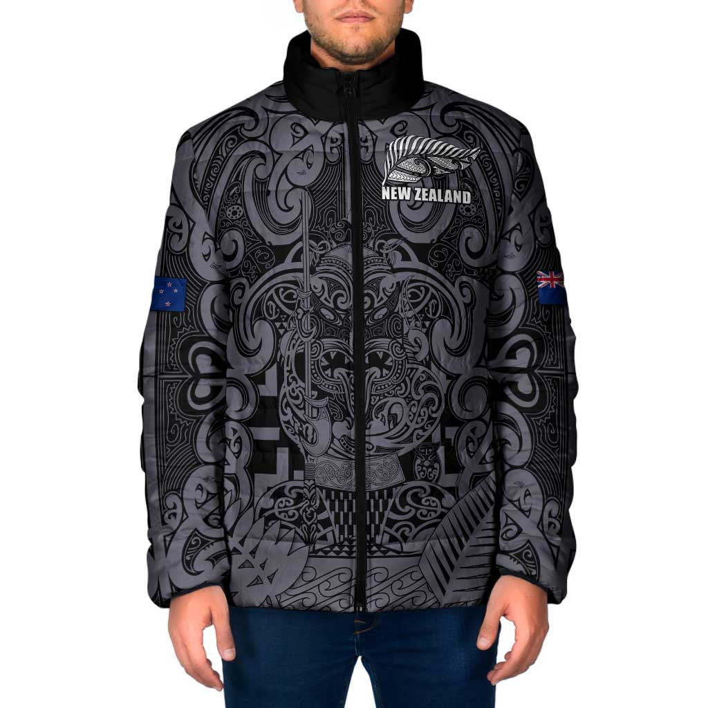 Custom New Zealand Taiaha Maori Padded Jacket Minimalist Silver Fern All Black LT9 Men Black - Polynesian Pride