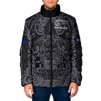 Custom New Zealand Taiaha Maori Padded Jacket Minimalist Silver Fern All Black LT9 Men Black - Polynesian Pride