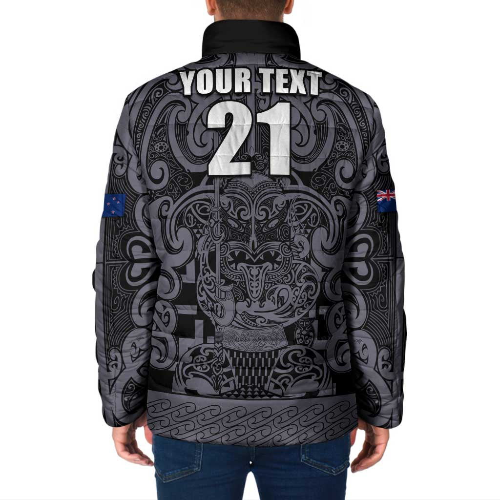 Custom New Zealand Taiaha Maori Padded Jacket Minimalist Silver Fern All Black LT9 - Polynesian Pride