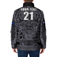 Custom New Zealand Taiaha Maori Padded Jacket Minimalist Silver Fern All Black LT9 - Polynesian Pride