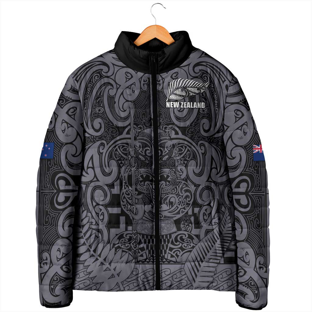 Custom New Zealand Taiaha Maori Padded Jacket Minimalist Silver Fern All Black LT9 - Polynesian Pride