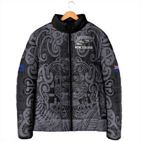 Custom New Zealand Taiaha Maori Padded Jacket Minimalist Silver Fern All Black LT9 - Polynesian Pride