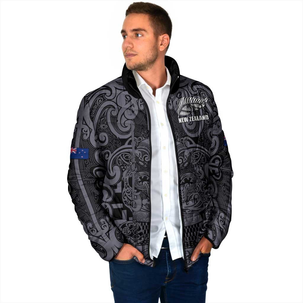 Custom New Zealand Taiaha Maori Padded Jacket Minimalist Silver Fern All Black LT9 - Polynesian Pride