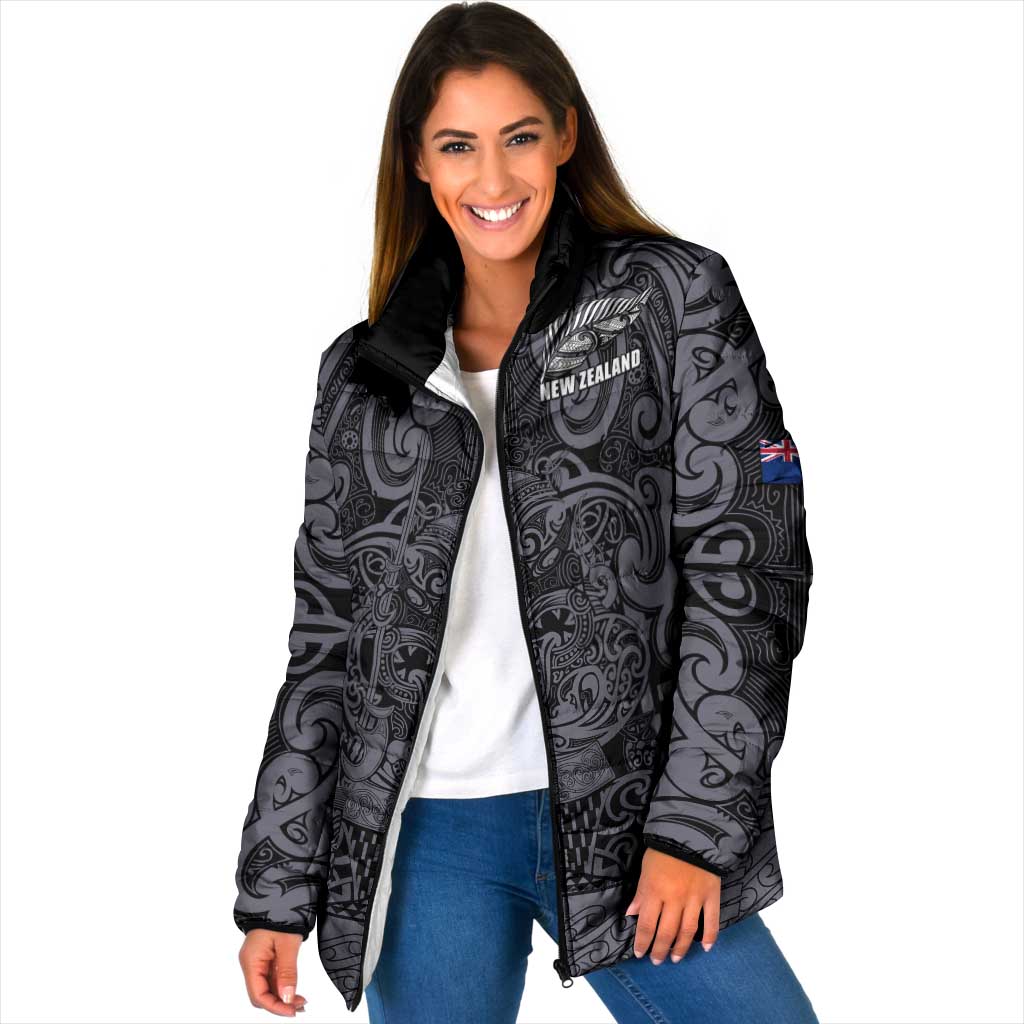 Custom New Zealand Taiaha Maori Padded Jacket Minimalist Silver Fern All Black LT9 Women Black - Polynesian Pride
