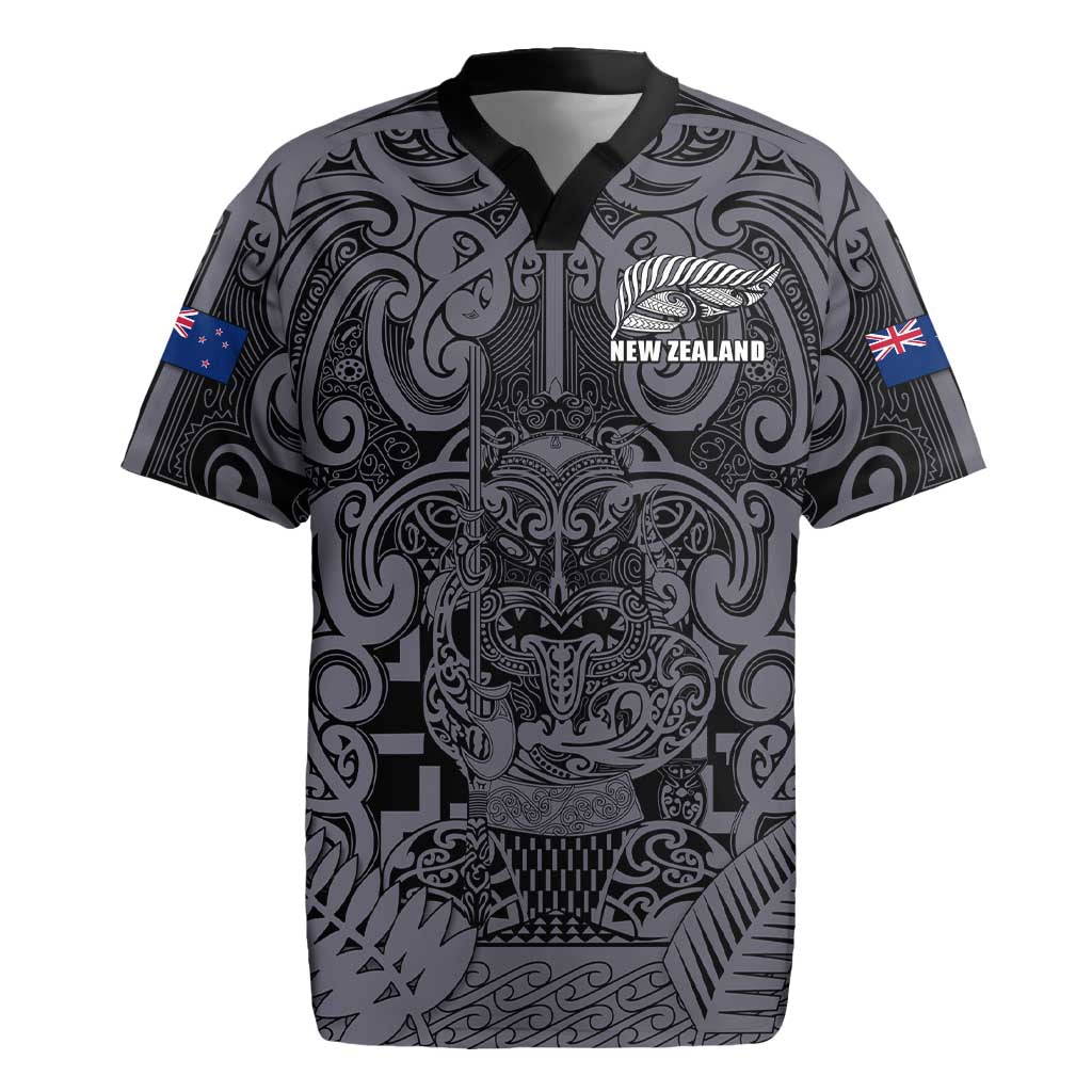 Custom New Zealand Taiaha Maori Rugby Jersey Minimalist Silver Fern All Black LT9 Black - Polynesian Pride