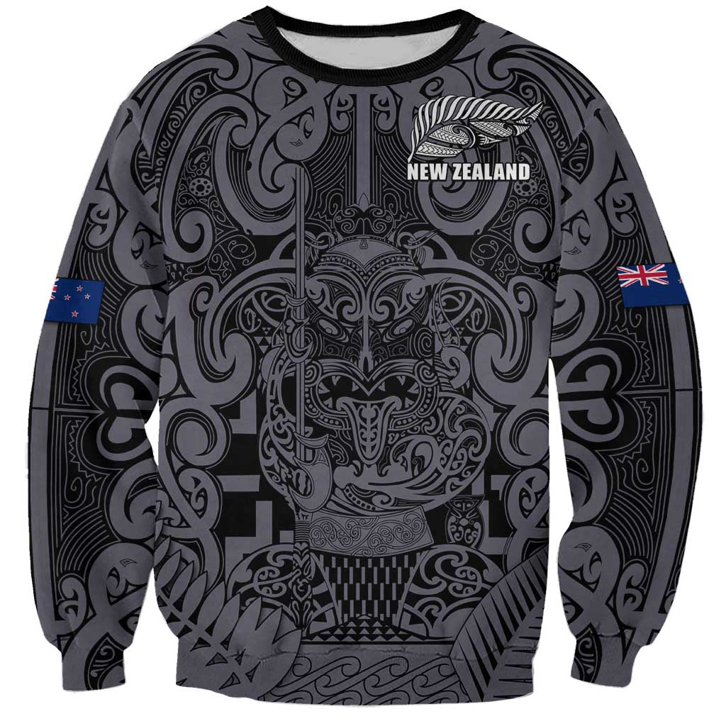 Custom New Zealand Taiaha Maori Sweatshirt Minimalist Silver Fern All Black LT9 Unisex Black - Polynesian Pride