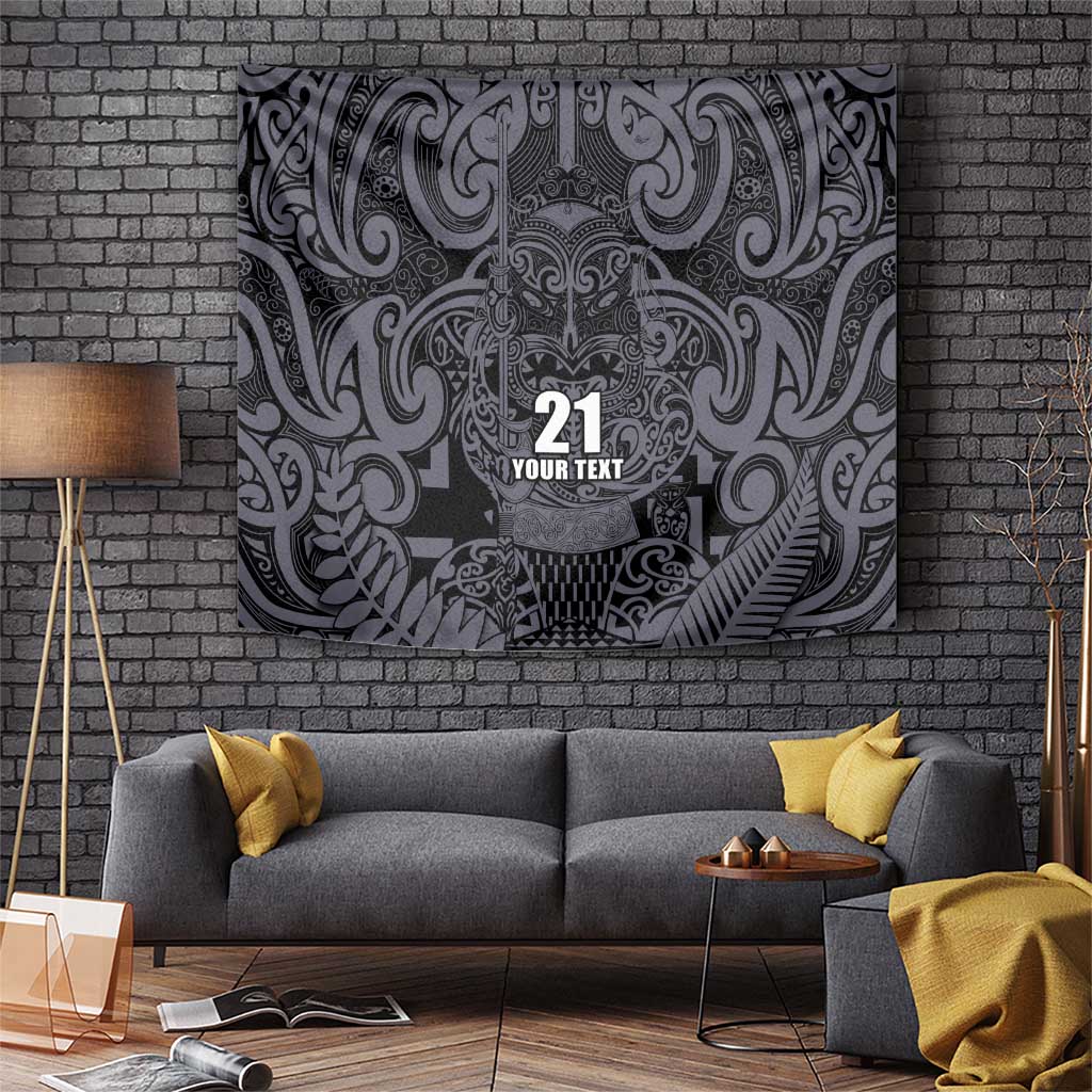 Custom New Zealand Taiaha Maori Tapestry Minimalist Silver Fern All Black LT9 Black - Polynesian Pride