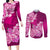 Polynesian Couples Matching Long Sleeve Bodycon Dress and Long Sleeve Button Shirts Pacific Flower Mix Floral Tribal Tattoo Pink Vibe LT9 Pink - Polynesian Pride