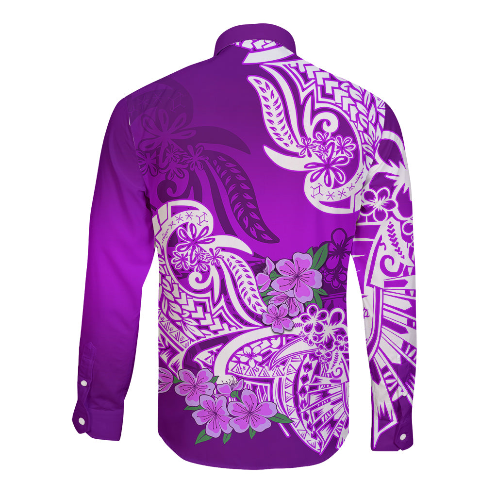 Polynesian Long Sleeve Button Shirt Pacific Flower Mix Floral Tribal Tattoo Purple Vibe LT9 - Polynesian Pride