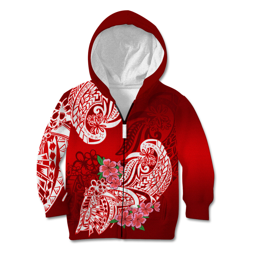 Polynesian Kid Hoodie Pacific Flower Mix Floral Tribal Tattoo Red Vibe LT9 Zip Hoodie Red - Polynesian Pride