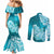 Polynesian Couples Matching Mermaid Dress and Long Sleeve Button Shirts Pacific Flower Mix Floral Tribal Tattoo Aqua Vibe LT9 - Polynesian Pride