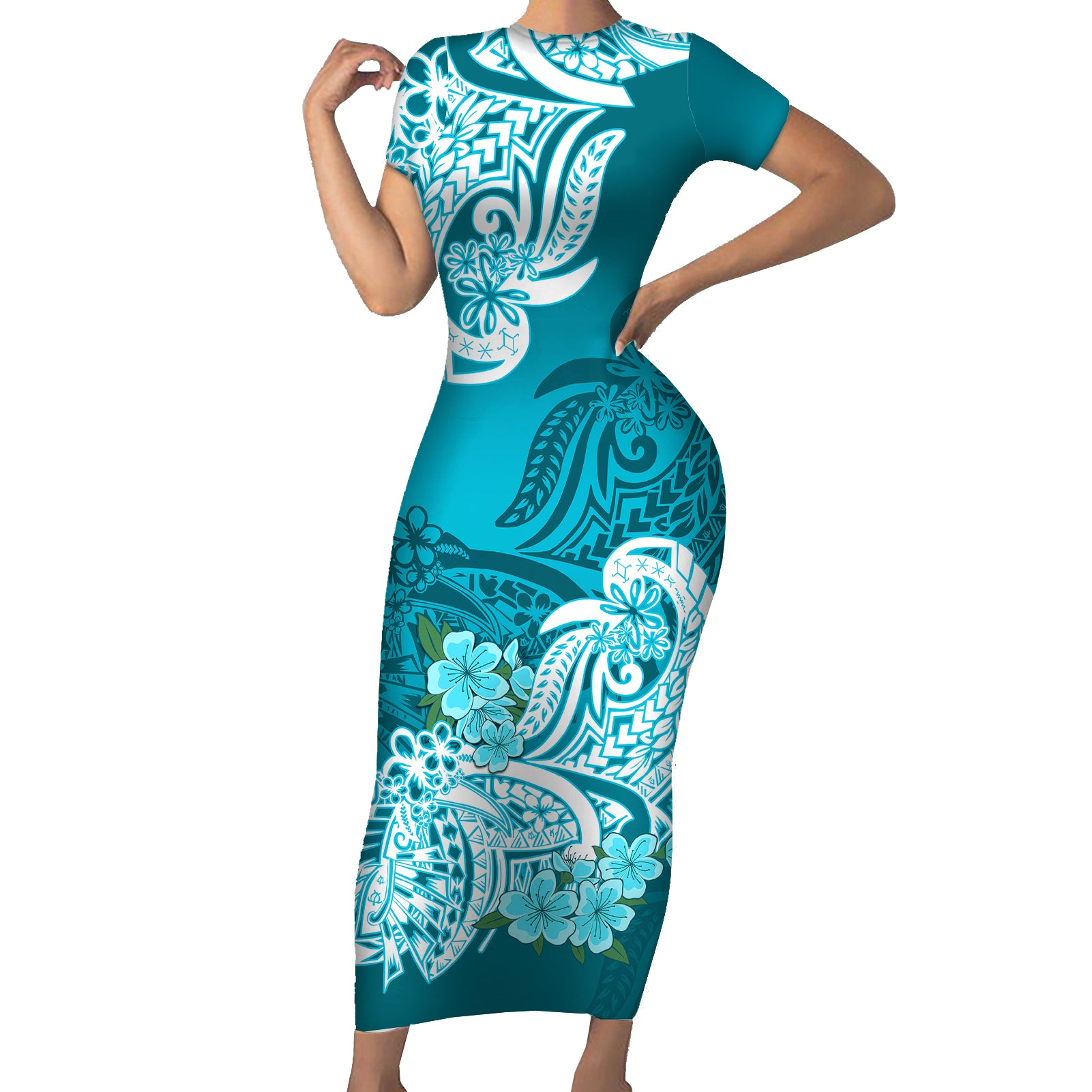 Polynesian Short Sleeve Bodycon Dress Pacific Flower Mix Floral Tribal Tattoo Aqua Vibe LT9 Long Dress Aqua - Polynesian Pride