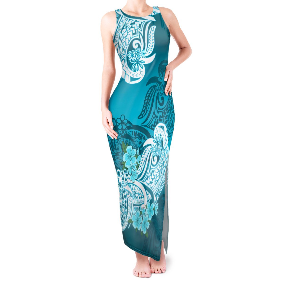 Polynesian Tank Maxi Dress Pacific Flower Mix Floral Tribal Tattoo Aqua Vibe LT9 Women Aqua - Polynesian Pride