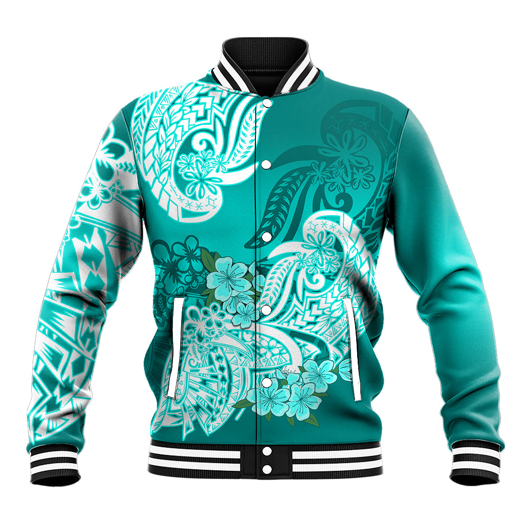 Polynesian Baseball Jacket Pacific Flower Mix Floral Tribal Tattoo Turquoise Vibe LT9 Unisex Turquoise - Polynesian Pride