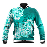 Polynesian Baseball Jacket Pacific Flower Mix Floral Tribal Tattoo Turquoise Vibe LT9 Unisex Turquoise - Polynesian Pride