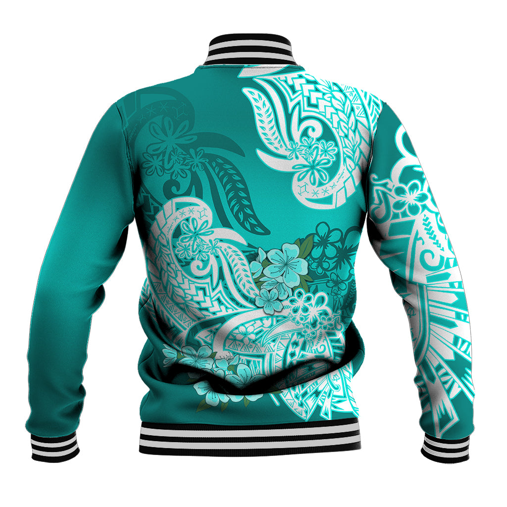 Polynesian Baseball Jacket Pacific Flower Mix Floral Tribal Tattoo Turquoise Vibe LT9 - Polynesian Pride