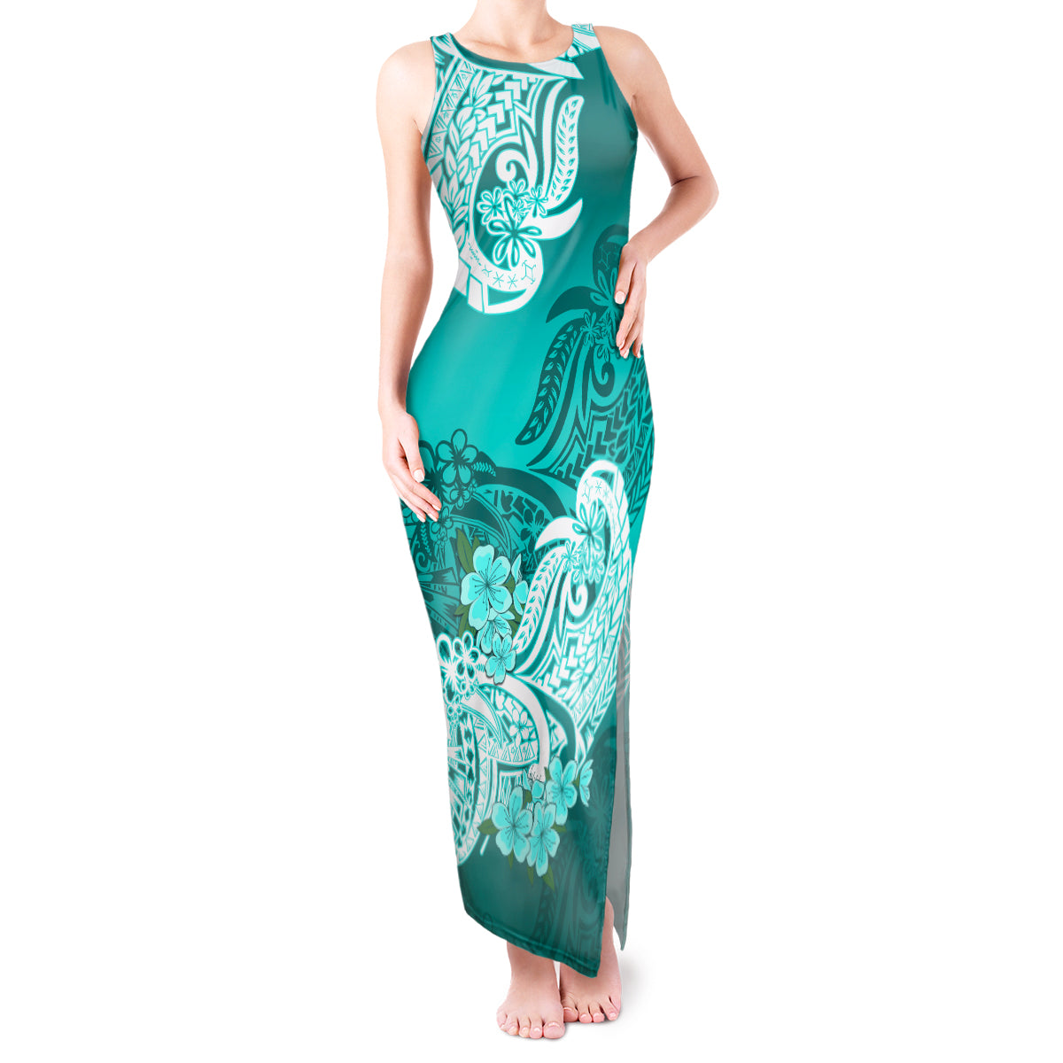 Polynesian Tank Maxi Dress Pacific Flower Mix Floral Tribal Tattoo Turquoise Vibe LT9 Women Turquoise - Polynesian Pride