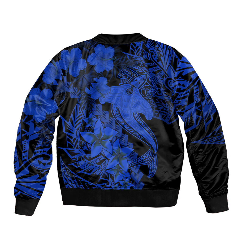 Aloha Hawaii Sleeve Zip Bomber Jacket Hammerhead Shark Tattoo Polynesian Summer - Blue LT9 - Polynesian Pride