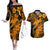 Aloha Hawaii Couples Matching Off The Shoulder Long Sleeve Dress and Hawaiian Shirt Hammerhead Shark Tattoo Polynesian Summer - Gold LT9 Gold - Polynesian Pride