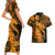 Aloha Hawaii Couples Matching Short Sleeve Bodycon Dress and Hawaiian Shirt Hammerhead Shark Tattoo Polynesian Summer - Gold LT9 - Polynesian Pride