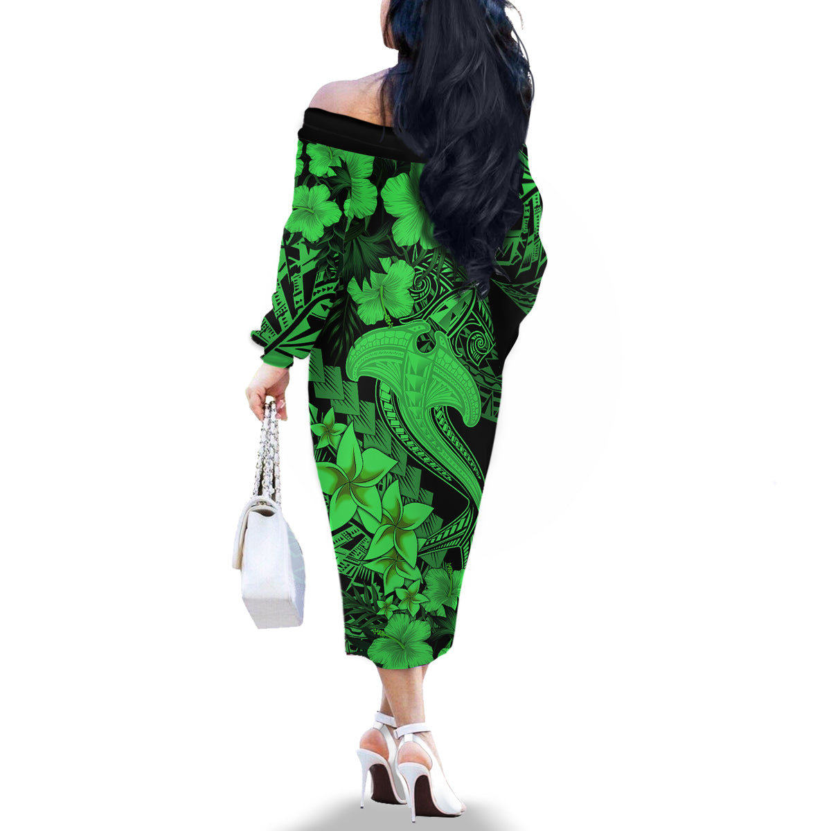 Aloha Hawaii Off The Shoulder Long Sleeve Dress Hammerhead Shark Tattoo Polynesian Summer - Green LT9 - Polynesian Pride