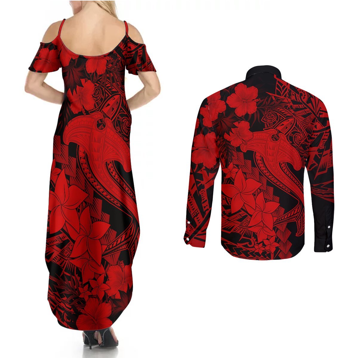 Aloha Hawaii Couples Matching Summer Maxi Dress and Long Sleeve Button Shirts Hammerhead Shark Tattoo Polynesian Summer - Red LT9 - Polynesian Pride