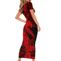 Aloha Hawaii Short Sleeve Bodycon Dress Hammerhead Shark Tattoo Polynesian Summer - Red LT9 - Polynesian Pride