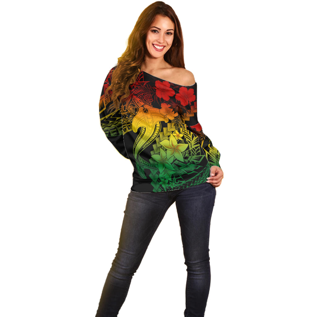 Aloha Hawaii Off Shoulder Sweater Hammerhead Shark Tattoo Polynesian Summer - Reggae LT9 - Polynesian Pride