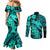 Aloha Hawaii Couples Matching Mermaid Dress and Long Sleeve Button Shirts Hammerhead Shark Tattoo Polynesian Summer - Turquoise LT9 - Polynesian Pride