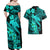 Aloha Hawaii Couples Matching Off Shoulder Maxi Dress and Hawaiian Shirt Hammerhead Shark Tattoo Polynesian Summer - Turquoise LT9 - Polynesian Pride