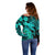 Aloha Hawaii Off Shoulder Sweater Hammerhead Shark Tattoo Polynesian Summer - Turquoise LT9 - Polynesian Pride