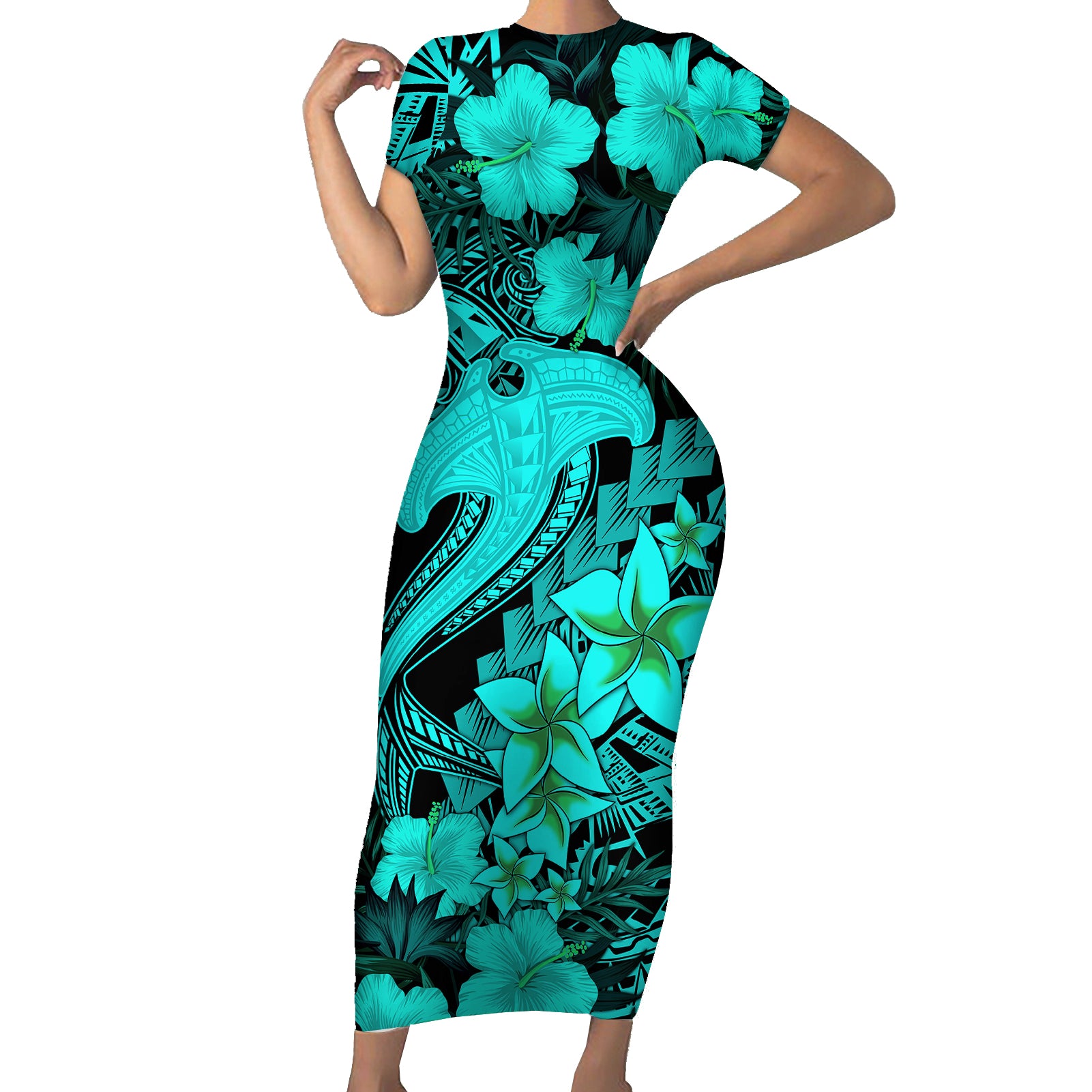 Aloha Hawaii Short Sleeve Bodycon Dress Hammerhead Shark Tattoo Polynesian Summer - Turquoise LT9 Long Dress Turquoise - Polynesian Pride