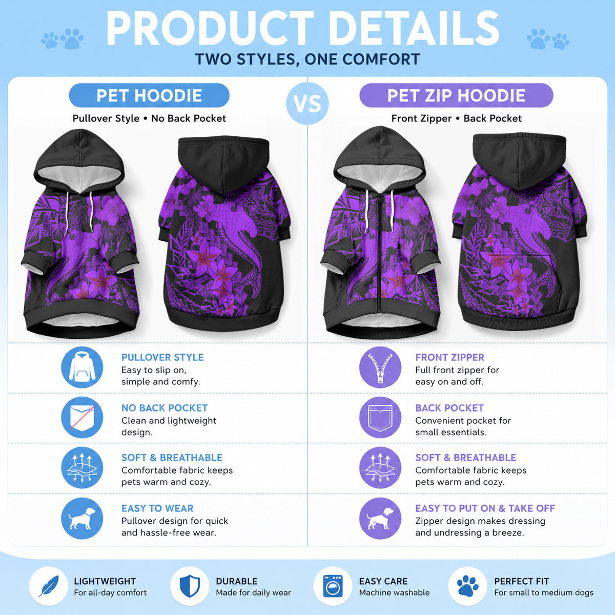 Aloha Hawaii Pet Hoodie Hammerhead Shark Tattoo Polynesian Summer - Violet LT9 - Polynesian Pride
