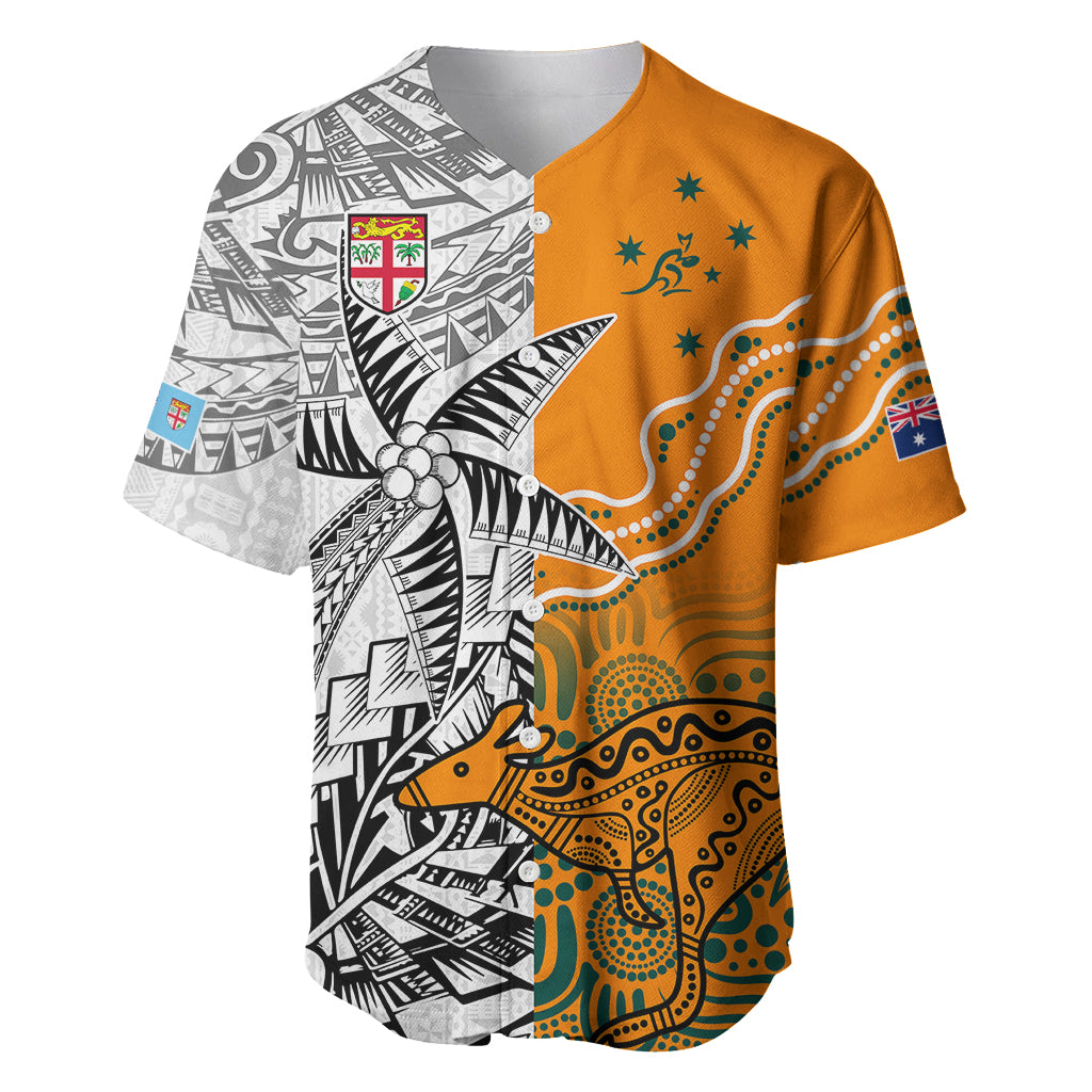 Fiji Australia Rugby Baseball Jersey World Cup 2023 Polynesia Tapa Mixed Indigenous Aboriginal LT9 Gold - Polynesian Pride