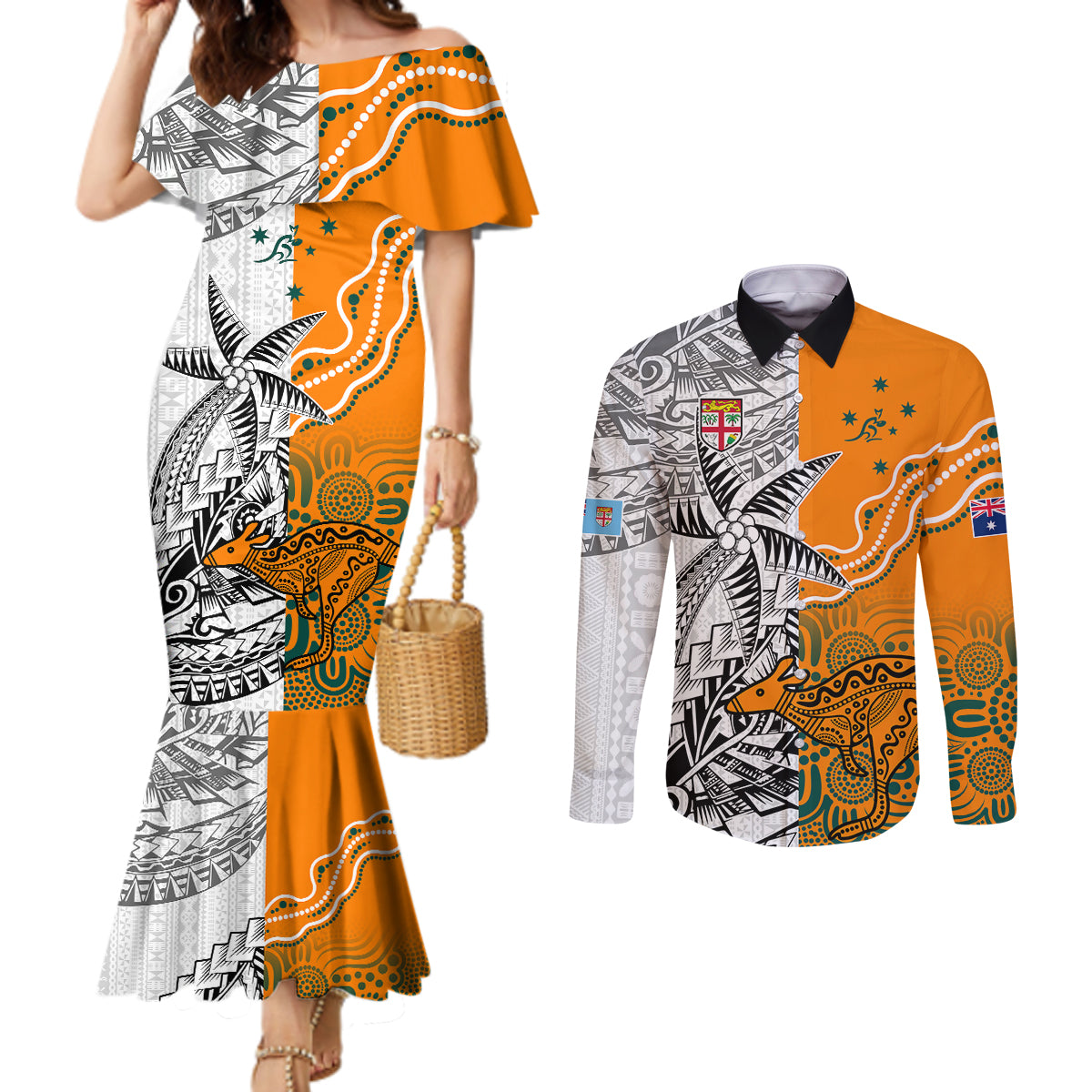 fiji-australia-rugby-couples-matching-mermaid-dress-and-long-sleeve-button-shirts-world-cup-2023-polynesia-tapa-mixed-indigenous-aboriginal