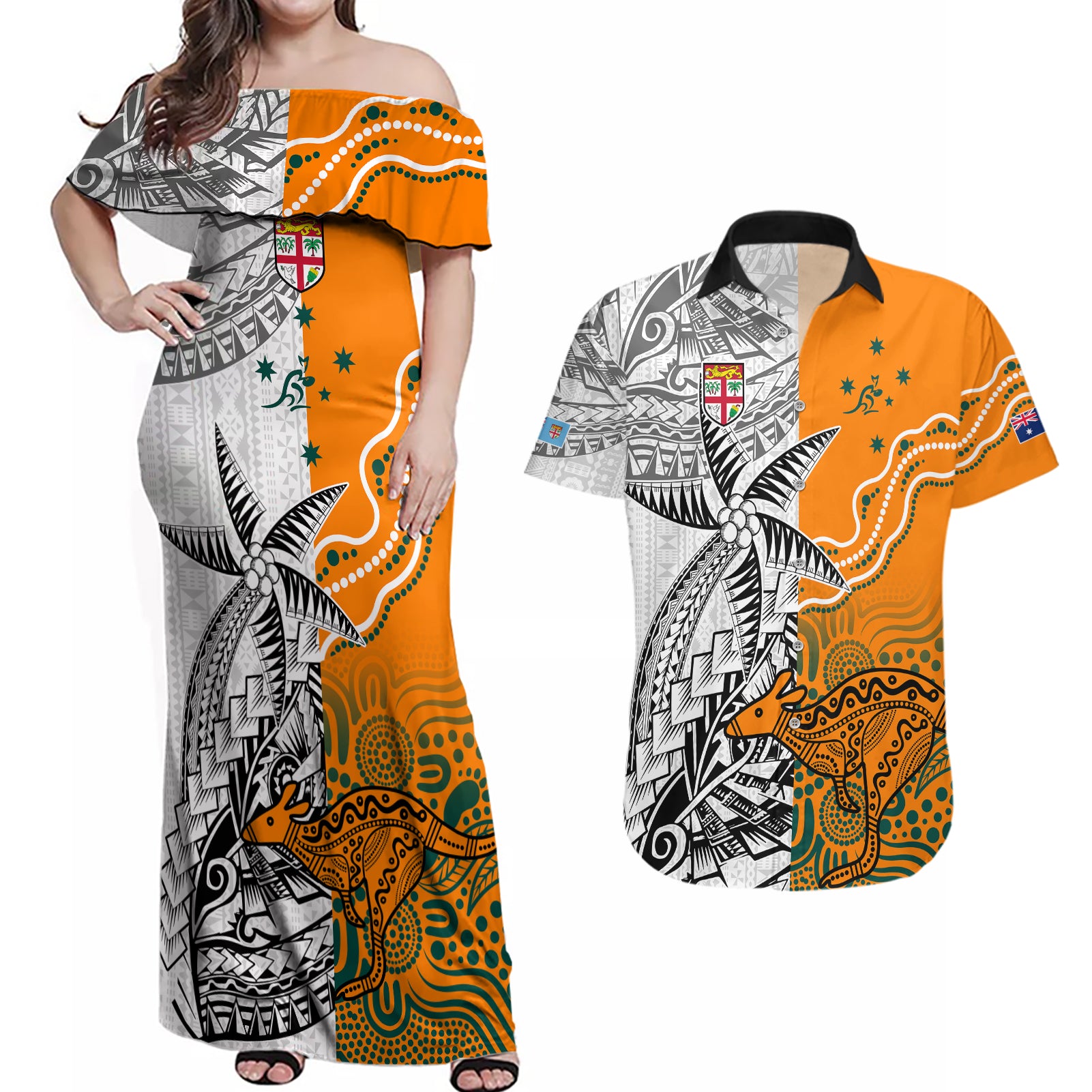 fiji-australia-rugby-couples-matching-off-shoulder-maxi-dress-and-hawaiian-shirt-world-cup-2023-polynesia-tapa-mixed-indigenous-aboriginal