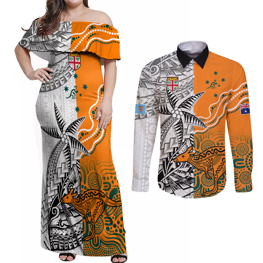 fiji-australia-rugby-couples-matching-off-shoulder-maxi-dress-and-long-sleeve-button-shirts-world-cup-2023-polynesia-tapa-mixed-indigenous-aboriginal