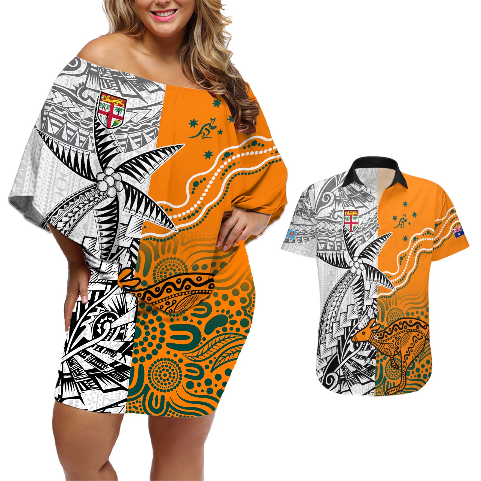 fiji-australia-rugby-couples-matching-off-shoulder-short-dress-and-hawaiian-shirt-world-cup-2023-polynesia-tapa-mixed-indigenous-aboriginal