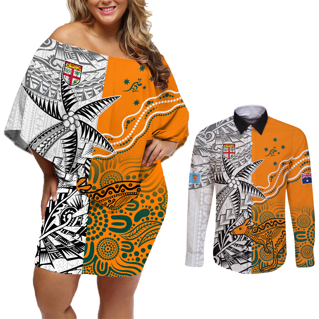 fiji-australia-rugby-couples-matching-off-shoulder-short-dress-and-long-sleeve-button-shirts-world-cup-2023-polynesia-tapa-mixed-indigenous-aboriginal