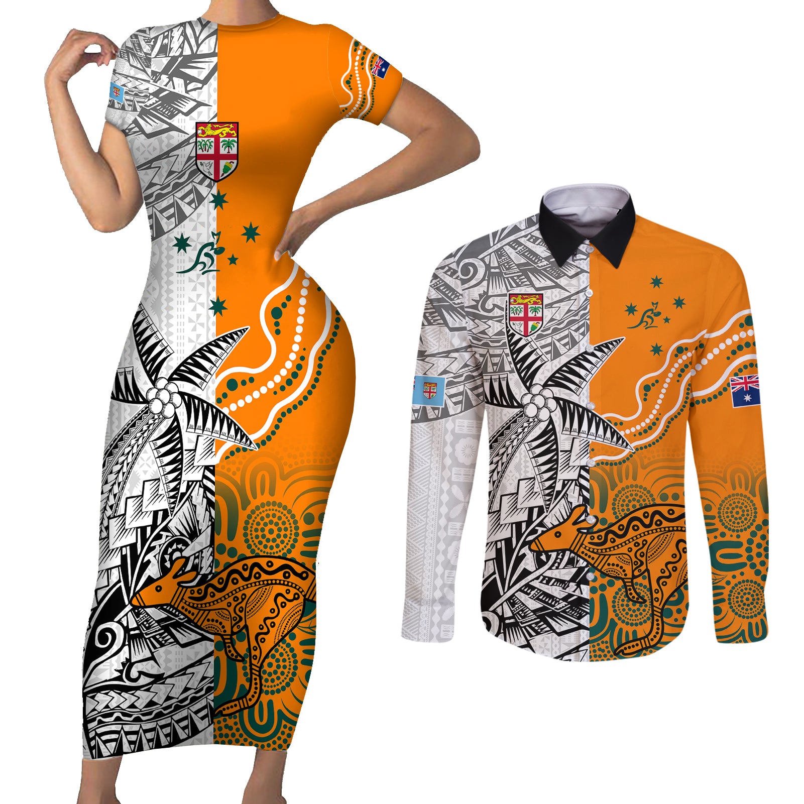 fiji-australia-rugby-couples-matching-short-sleeve-bodycon-dress-and-long-sleeve-button-shirts-world-cup-2023-polynesia-tapa-mixed-indigenous-aboriginal