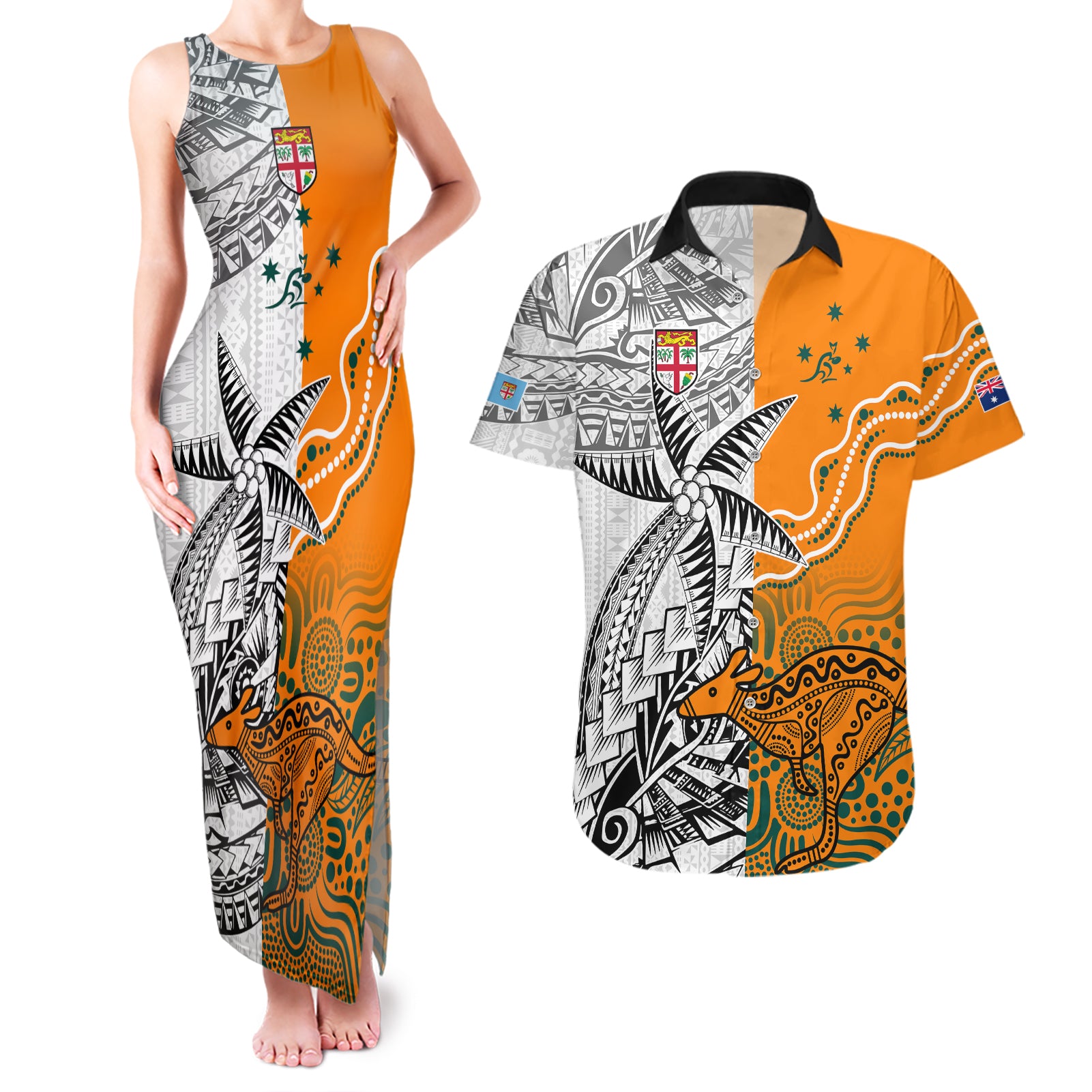 fiji-australia-rugby-couples-matching-tank-maxi-dress-and-hawaiian-shirt-world-cup-2023-polynesia-tapa-mixed-indigenous-aboriginal