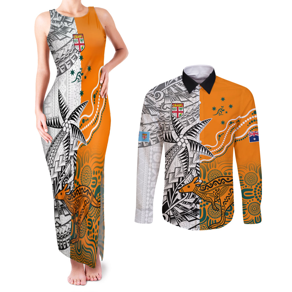 fiji-australia-rugby-couples-matching-tank-maxi-dress-and-long-sleeve-button-shirts-world-cup-2023-polynesia-tapa-mixed-indigenous-aboriginal