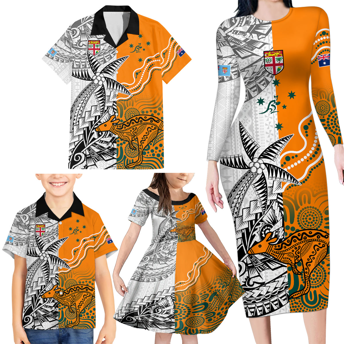 fiji-australia-rugby-family-matching-long-sleeve-bodycon-dress-and-hawaiian-shirt-world-cup-2023-polynesia-tapa-mixed-indigenous-aboriginal