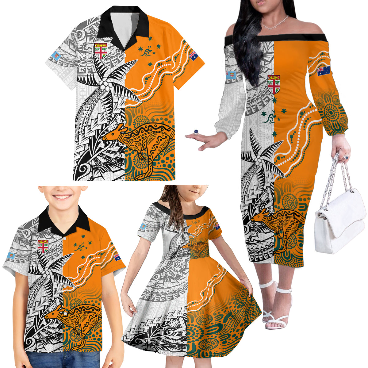 fiji-australia-rugby-family-matching-off-shoulder-long-sleeve-dress-and-hawaiian-shirt-world-cup-2023-polynesia-tapa-mixed-indigenous-aboriginal