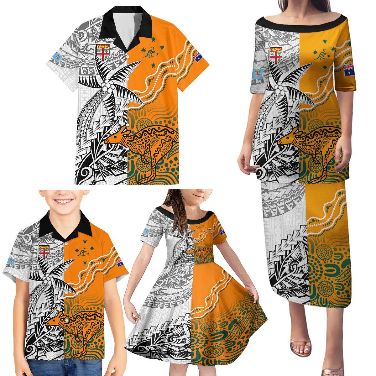 Fiji Australia Rugby Family Matching Puletasi Dress and Hawaiian Shirt World Cup 2023 Polynesia Tapa Mixed Indigenous Aboriginal LT9 - Polynesian Pride