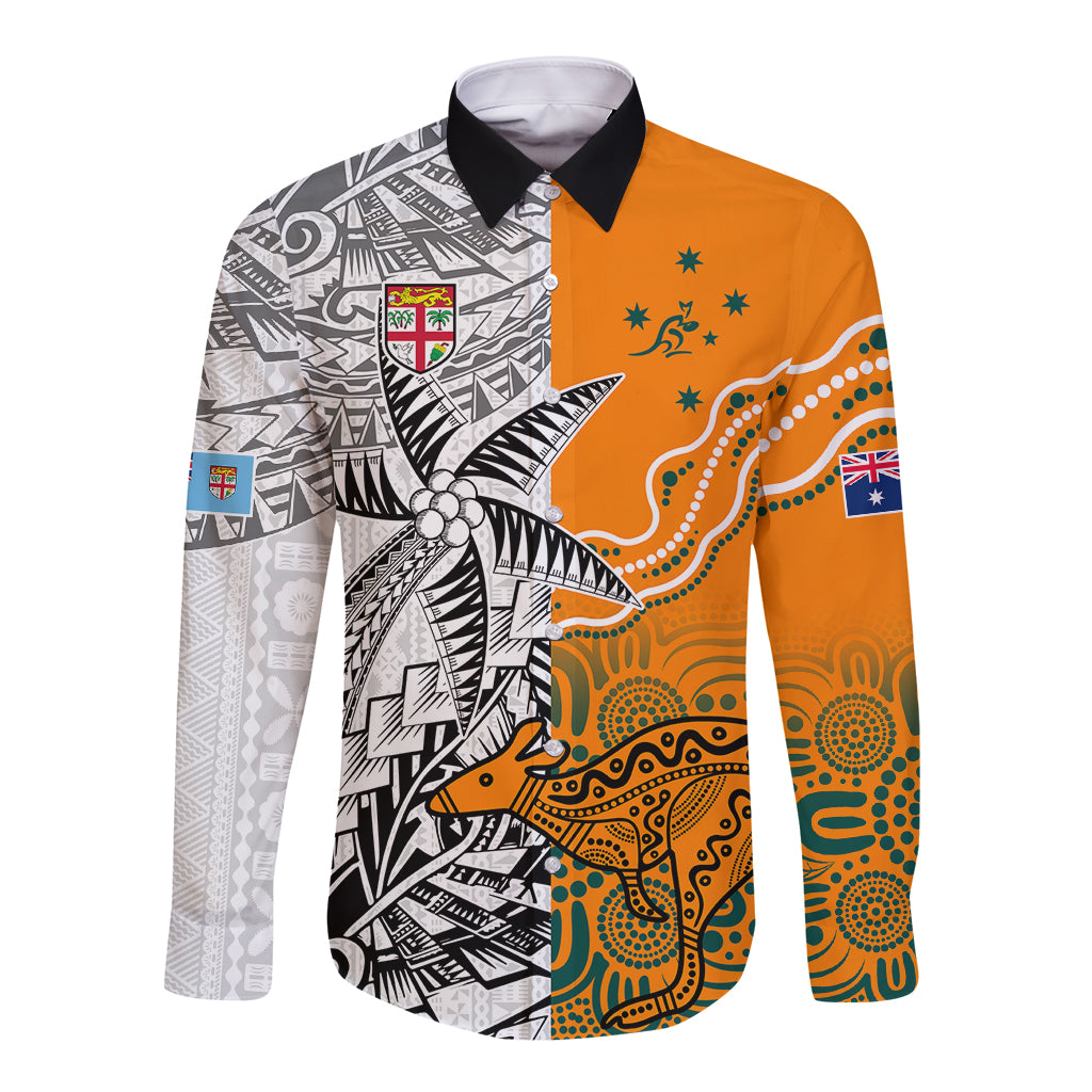 Fiji Australia Rugby Long Sleeve Button Shirt World Cup 2023 Polynesia Tapa Mixed Indigenous Aboriginal LT9 Unisex Gold - Polynesian Pride